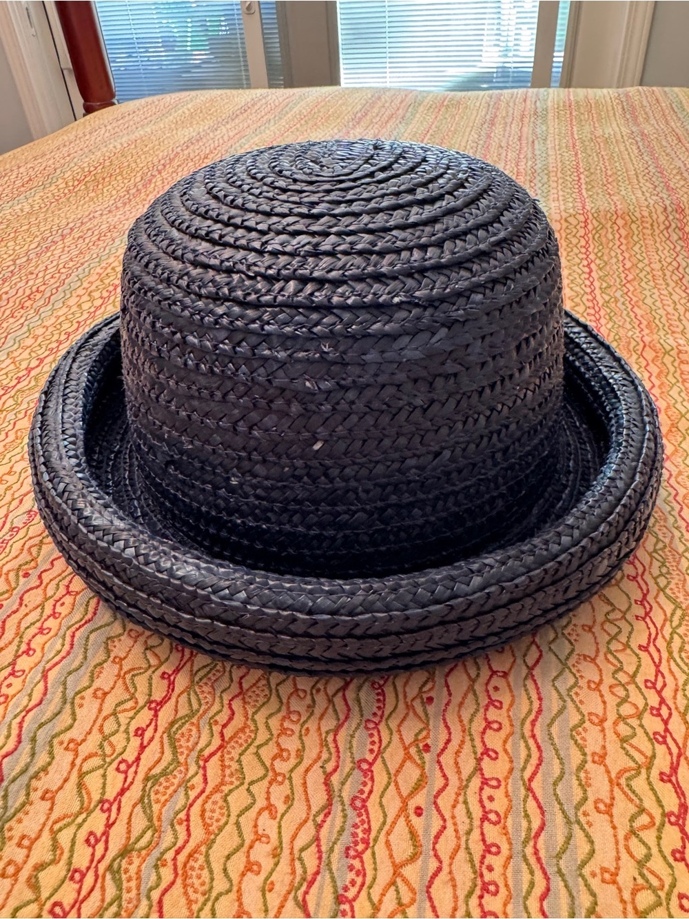 Vintage Navy Blue Straw Bowler Derby Hat Rolled Brim